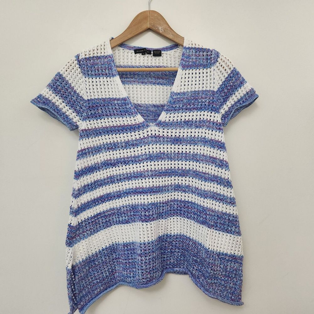 JEAN PIERRE Women's Purple/White Short Sleeve V-Neck Wide Knit Sweater Size M